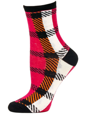 Mad About Plaid Neon Crew Socks - 1 Pair - Black/Orange/Pink Checker Plaid