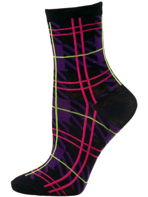 Mad About Plaid Neon Crew Socks - 1 Pair - Black/Purple Plaid