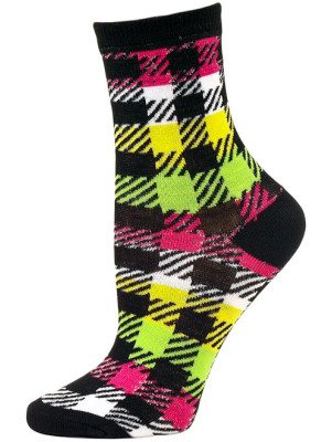 Mad About Plaid Neon Crew Socks - 1 Pair - Black/White/Green/Pink Checker Plaid