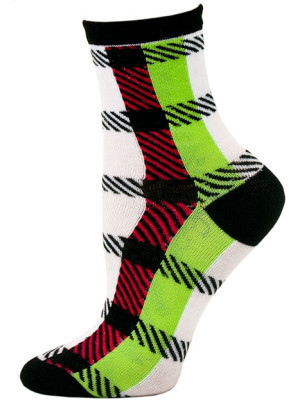 Mad About Plaid Neon Crew Socks - 1 Pair - Black/White/Green Checker Plaid