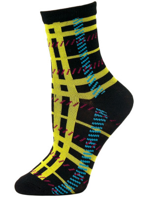 Mad About Plaid Neon Crew Socks - 1 Pair - Black/Yellow Plaid