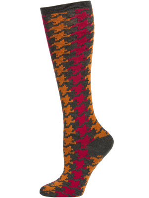 Sockaholic Women's Chic Pattern Knee Socks - 1 Pair - Grey/Pink/Orange Houndstooth