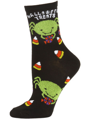 Happy Halloween Women's Crew Socks - 1 Pair - Black - Candy Corn and Spider