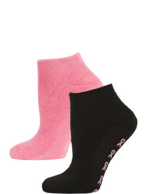 Breast Cancer Awareness Women's Terry Slipper Socks - 2 Pairs - Black/Hot Pink