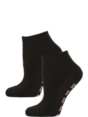 Breast Cancer Awareness Women's Terry Slipper Socks - 2 Pairs - Black with Light Pink Skids