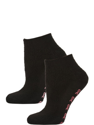Breast Cancer Awareness Women's Terry Slipper Socks - 2 Pairs - Black with Light & Dark Pink Skids