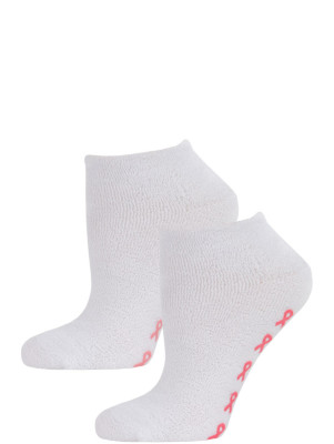 Breast Cancer Awareness Women's Terry Slipper Socks - 2 Pairs - White with Light & Dark Pink Skids