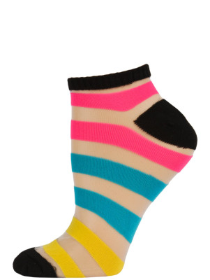 Chatties Women's Bright Stripe Mesh Low Cut Socks - 1 Pair - Black with Pink/Blue/Yellow