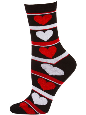 Love Struck Women's Valentine's Day Crew Socks - 1 Pair - Black/Red/White Hearts & Stripes