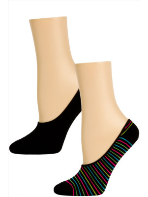 Steve Madden Funky Pattern and Solid Footie Liner Socks - 2 Pairs - Black Stripe and Black
