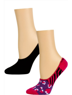 Steve Madden Funky Pattern and Solid Footie Liner Socks - 2 Pairs - Pink/Purple Animal Print and Black