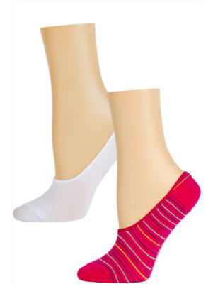 Steve Madden Funky Pattern and Solid Footie Liner Socks - 2 Pairs - Hot Pink Stripe and White