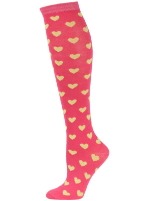 Julietta Women's Heart Print Knee Socks - 1 Pair - Coral Pink/Yellow