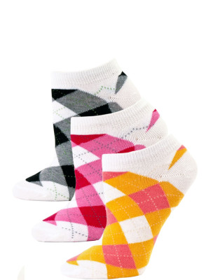 Fine Fit Women's Argyle Low Cut Socks - 3 Pairs - Orange/Pink/Black Argyle