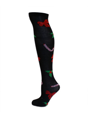 Merry Christmas Women's Knee Socks - 1 Pair - Black with Candy Canes & Mistletoe