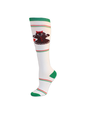 Merry Christmas Women's Knee Socks - 1 Pair - White with Gingerbread Cookies