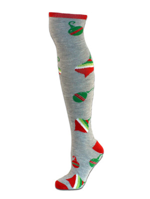 Merry Christmas Women's Knee Socks - 1 Pair - Gray with Ornaments