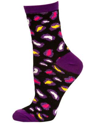 Wild Thing Women's Neon Crew Socks - 1 Pair - Black / Purple Multi Leopard