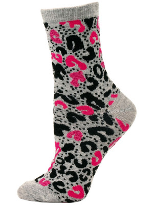 Wild Thing Women's Neon Crew Socks - 1 Pair - Grey / Pink Leopard