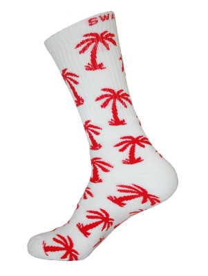 Unisex Crew Swag Palm Tree Socks White with Red - 2 pairs